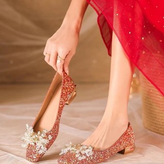 西式婚鞋水晶平底單鞋女2025新款婚鞋婚紗禾秀兩穿婚鞋跟高5-9cm大碼加寬加肥