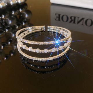 鴻利首飾廠 韓版ins超閃皓石手鐲 高級感雙層珍珠手鏈 多層纏繞水鑽串珠手鐲