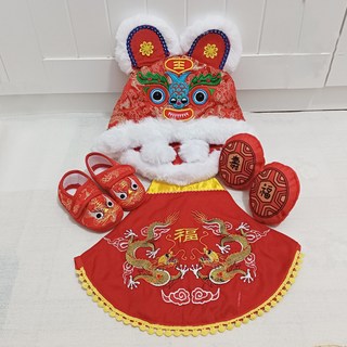 寶寶抓周用品套裝 虎頭帽虎頭鞋肚兜 嬰兒周歲禮服, 紅色, 1套