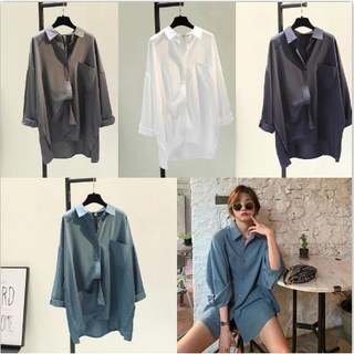 大尺碼單口袋中長款蝙蝠袖襯衫 開叉下擺防曬長袖襯衣