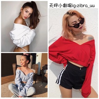 歐美風V領蝙蝠袖短版上衣 露肩一字領純色衛衣