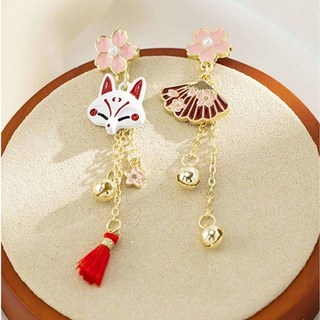 櫻花摺扇小狐狸不對稱吊墜耳環