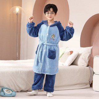 Doly加厚兒童睡袍秋冬季女童珊瑚絨睡衣男童浴袍法蘭絨寶寶連帽卡通