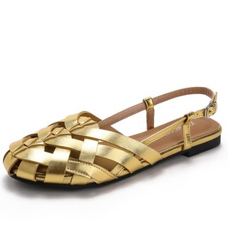 文藝鏤空透氣編織涼鞋新款平底防滑圓頭包頭後空羅馬涼鞋女9061-1, 10 cm, 金色:37