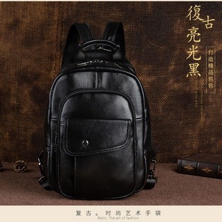 復古真皮頭層牛皮斜挎包 WX8686 單肩包 後背包 防水 運動旅行, 亮光黑-8686