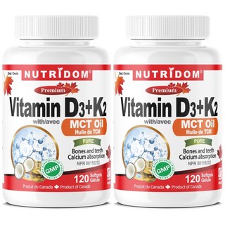 (2병특가) 뉴트리돔 비타민 D3 & K2 1000IU MK-7 120mcg MCT 오일 함유 120소프트젤 캐나다 직구 카포리아, 2개, 120정