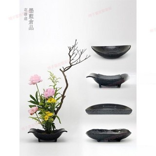 臺南出貨 墨黑陶瓷花盆花器劍山插花器禪意復古中式插花器皿日式花道小原流, 磨砂黑圓缽+4.6cm劍山,陶瓷