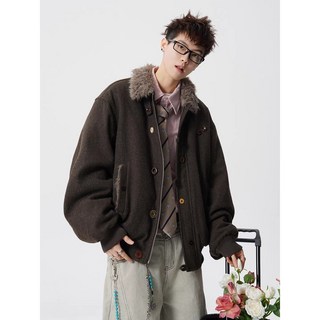 棕色立領毛領格紋棉衣夾克 - 寬鬆復古多色紐扣短款保暖外套