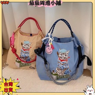 日系畫家貓刺繡購物袋大容量尼龍環保袋手提單肩斜背包托特包