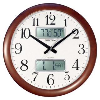 RHYTHM CLOCK 日本麗聲 LCD液晶顯示 月日 溫濕度 靜音掛鐘 CFG901NR06【神梭鐘錶】