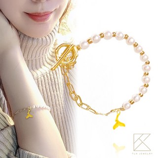 TLH JEWELRY 珍珠海豚尾巴手鍊，金色鏈條設計，時尚簡約，展現優雅氣質