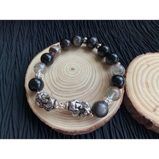 【畫意坊】純銀貔貅招財咬錢貔貅手鍊，銀曜石/綠幽靈/天然水晶手串