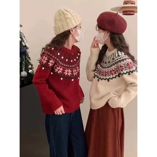 聖誕新年紅色毛衣女2025春季加厚圓領針織內搭費爾島復古提花上衣