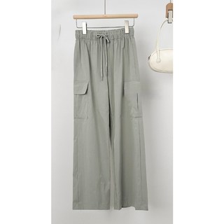 【Fee現貨6色】水洗棉抽繩工裝褲 寬版工裝長褲 女長褲 口袋寬褲 韓系夏天穿搭