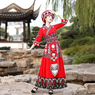 苗族服裝 民族服飾 貴州苗寨女裝 雲南侗族瑤族土家族舞蹈服演出服, 女神套裝+模特帽子,XL