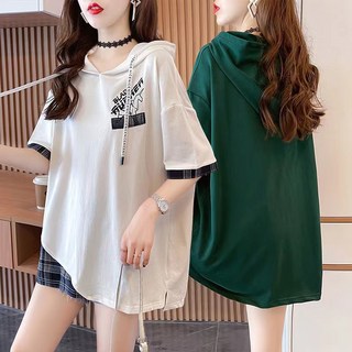 大尺碼連帽短袖T恤 韓版寬鬆設計上衣