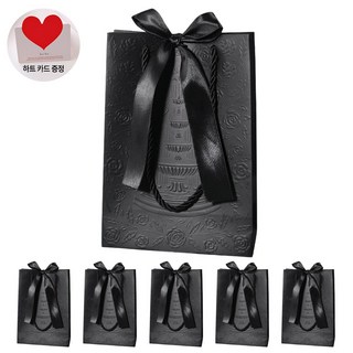 VITALO 프리미엄 로즈 엠보싱 리본 쇼핑백 선물용 고급 세로형 종이가방 (하트카드 6개지급), 6개, 블랙