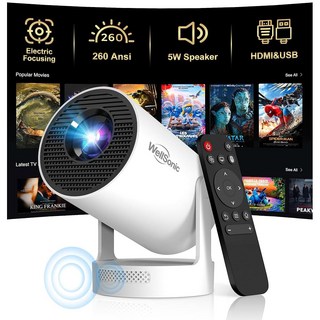 Wi-Fi 및 블루투스 기능이 있는 WellSonic 미니 프로젝터 5W 스피커가 4K 휴대용 자동 수직 키스톤 & 180 회전 가능 실외 침실용 200Ansi Moive Pr