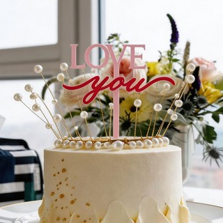 메리블룸 진주 티아라 생일 케이크 토퍼 세트 왕관 장식 6종, 1개, 러브유 핑크