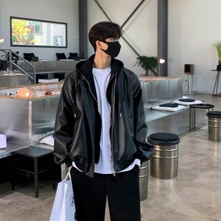 OPB 連帽皮外套 皮衣外套 假兩件 MA-1造型 皮衣 皮夾克 皮外套 寬鬆 落肩 防風 休閒