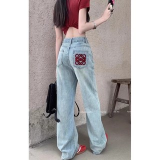 口袋刺繡紅色牛仔長褲 高腰顯瘦直筒淺色長褲