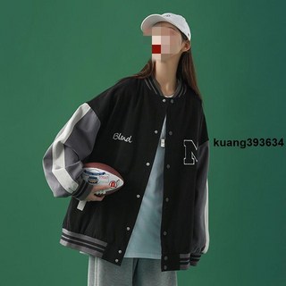 粉色春秋棒球服外套，寬鬆拼色學生韓版上衣
