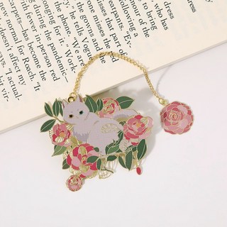 Super歐爸 古典貓咪金屬書籤 貓咪書籤 貓書籤 古風書籤 國風書籤 古典書籤 胖貓書籤 高顏值 送老師, 1個, 鮮花滿溢-白貓