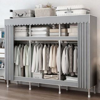 [시스슈] 강관 굵게 업그레이드 간편 천옷장 - 살커튼 수납더블 사이즈 조립식 옷장, 회색