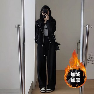 秋冬必備 加絨加厚 時尚運動兩件套連帽長袖外套闊腿長褲 | 休閒套裝女 a0342