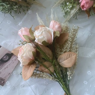 森林海 玫瑰花束 仿真花 假花 居家裝飾 油畫風玫瑰 芒草 小麥 畢業花束 新娘捧花, 香檳色玫瑰花束, 1個