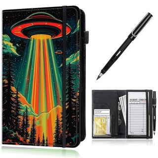 지퍼가 달린 웨이트리스용 가죽 서버북 7개의 포켓으로 구성된 대용량 레스토랑용 웨이트리스 서버 에이프런 웨이트리스 액세서리 체크 프레젠테이션 다채로운 외계인 UFO, Colorful alien UFO, 5 x 9 inch, 1개