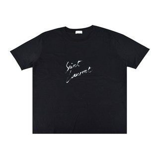 YSL SAINT LAURENT 白字印花LOGO休閒廓形純棉短袖圓領T恤 (女款/黑)
