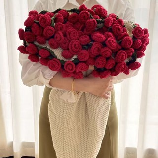 七夕情人節禮物：玫瑰永生花毛線編織花朵毯，兩用花束成品，臺灣出貨, 直徑110厘米（52朵花）