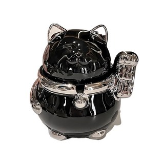 陶瓷招財貓造型煙灰缸 (奶白銀) 可愛療癒系桌面擺飾, 黑銀, 1個
