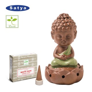 사티아 나그참파 인센스 콘+스티밍 붓다 홀더세트, 화이트 세이지+스티밍 붓다