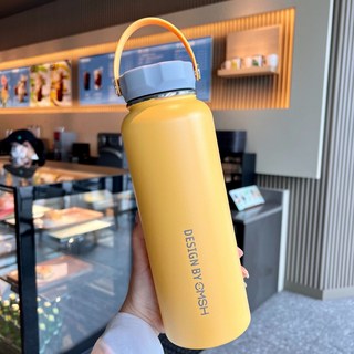 1L大容量保溫杯 車載保温杯 304不鏽鋼保温杯 手提随行杯 户外運動水壺 不鏽鋼直身杯 辦公學生用保温杯, 黃色 1150ML, 1個