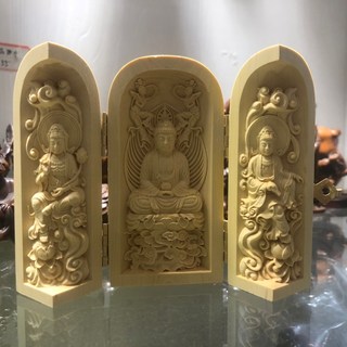 【熱銷新品】黃楊木雕刻家居擺件 中式擺件 隨身佛龕 佛像 觀音 菩薩 三清三開盒 清水祖師 三寶如來 木雕佛像, 坐蓮三聖