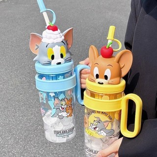 新品上架 貓和老鼠水杯 女生高顏值 2025新款 吸管杯子 Tritan夏日大容量冰霸杯, 藍色湯姆1060ml【正版授權】,單杯+便攜提手+清洗工具, 1個