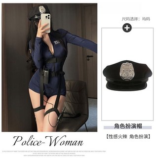 性感空姐制服套裝 歐美風女警 cosplay 服飾, 1個, 深藍套裝【連體衣+綁帶+對講機+帽子】大碼 【120-140斤】