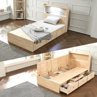 엘엔에스가구 편백나무 LED 수납침대 침대프레임100%편백나무 (서랍일부제외)슈퍼싱글/킹사이즈침대/원목수납침대/원목평상형침대/원목침대, 네추럴