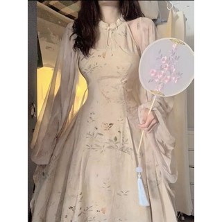 鏡花水月新中式挖肩法式改良拼紗旗袍 蝴蝶禪意開衫兩件套 江南才女氣質旗袍裙 宴會裙, 單件黃色旗袍,S