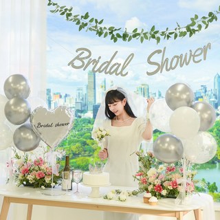 메리파티 브라이덜샤워 소품 풍선 세트 3인 4인 파티 [12종 올인원구성], 풍선_실버+면사포_화이트, 1세트, 가랜드_골드