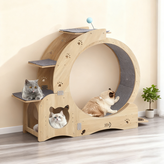 New World 고양이 캣 휠 워커 트레드밀 스크래쳐 펫 롤링 장난감 고양이 러닝머신 고양이 기어오르기 장난감 고양이 그릇 일체형 MPD02, 1개, 원목색