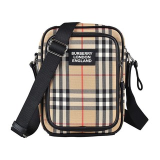 BURBERRY Vintage格紋LOGO寬背帶帆布滾邊牛皮拉鍊斜背包(典藏米), 典藏米