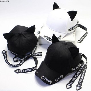 可愛貓耳朵長飄帶棒球帽女 台灣出貨 韓版百搭學生鴨舌帽