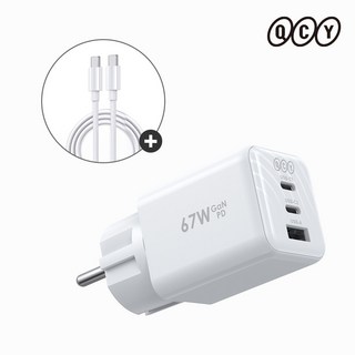 QCY GaN 67W 접지 초고속 C타입 멀티 충전기 3포트, 화이트 + C to C 고속 케이블 1m 증정, 1개