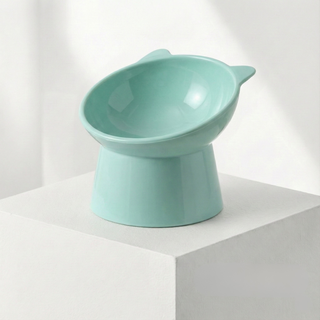 EIRAFUR 高腳貓碗 寵物碗 護頸碗 傾斜式 寬口不壓鬚 貓耳造型 增高貓碗, 綠色, 1個