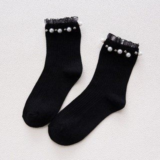 麻麻A3 洛莉塔蕾絲花邊珍珠卯丁女襪 百搭學院風中統襪