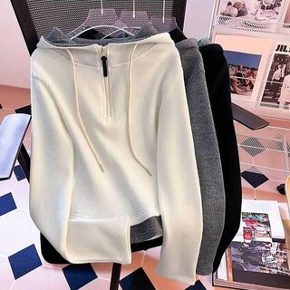 大尺碼半拉鏈連帽T女 立領長袖拼接假兩件連帽衛衣 大碼胖mm休閒百搭顯瘦上衣 (M-2XL)