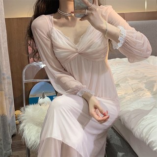 스텔라 쉬폰 레이스 긴팔 롱 원피스 슬립 면 잠옷 공주님 홈웨어 허니문